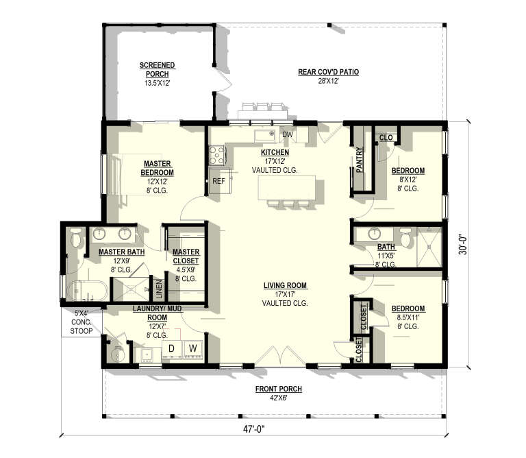 Main Floor: 3BR, 2BA, Vaulted Living/Kitchen, Ldry/Mud, Pantry, WIC. Screened Porch, Rear Cov'd Patio, Front Porch, Stoop. House Plan # 3822-00043 Main Floor  Floor Plan Drawing by America's Best House Plans, Inc.