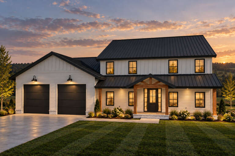 White Modern Farmhouse, Angled Front Elevation at sunset, metal roof, board-and-batten siding, wood posts, lit landscape. House Plan # 8244-00009 Digital Rendering by America's Best House Plans, Inc.