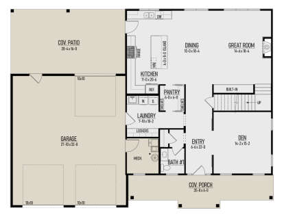 Main Floor: 1BA, Den, Great Room, Kitchen, Pantry, Ldry, 3-car garage, Cov. Patio, Cov. Porch, Fireplace, Stairs, Lockers. House Plan # 8244-00009 Main Floor  Floor Plan Drawing by America's Best House Plans, Inc.