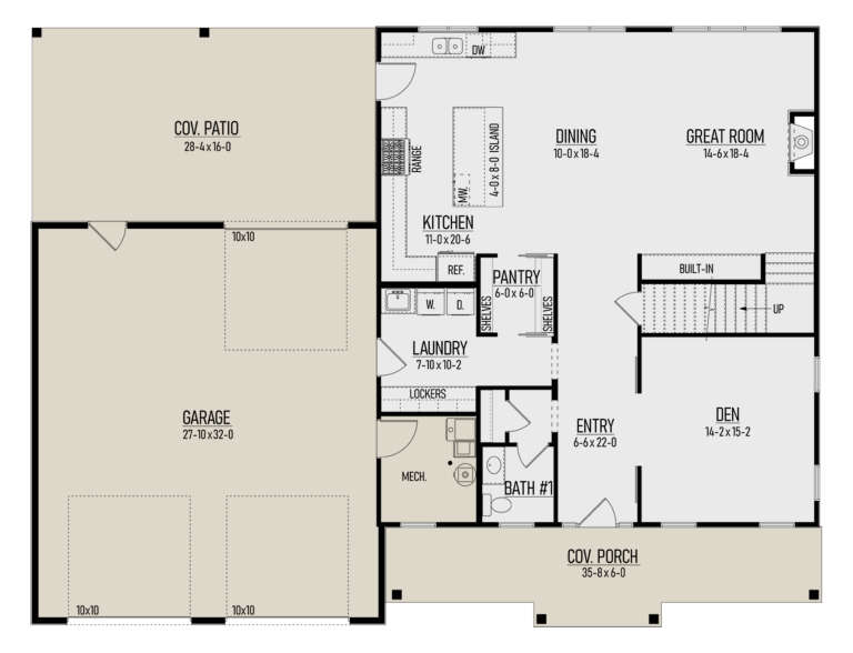 Main Floor: 1BA, Den, Great Room, Kitchen, Pantry, Ldry, 3-car garage, Cov. Patio, Cov. Porch, Fireplace, Stairs, Lockers. House Plan # 8244-00009 Main Floor  Floor Plan Drawing by America's Best House Plans, Inc.