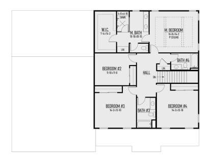 Second Floor: 4BR, 3BA, Hall, Stairs, M. Bath, WIC, Linen closets. 9' ceiling in M. Bed. House Plan # 8244-00009 Second Floor Floor Plan Drawing by America's Best House Plans, Inc.