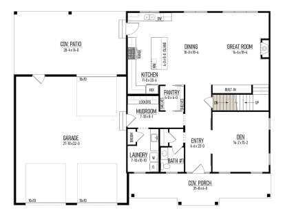 Main Floor w/ Basement Stairs: Den, 1 BA, Kitchen, Pantry, Dining, Great Room w/ fireplace, Mudroom, Ldry, 3-car garage, Porch. House Plan # 8244-00009 Main Floor w/ Basement Stairs Location Floor Plan Drawing by America's Best House Plans, Inc.