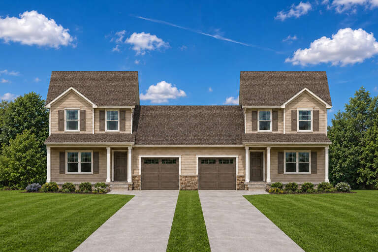 Tan Traditional Front Elevation, horizontal siding, stone accents, dual garages, brown shutters, and concrete driveways. House Plan # 402-01932 Digital Rendering by America's Best House Plans, Inc.