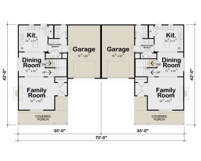 Main Floor: Duplex, 2 Kitchens, 2 Dining, 2 Family, 2 BA, 2 Garage, 2 Covered Porches, Drop Zones, Stairs, Unheated: Garage. House Plan # 402-01932 Main Floor  Floor Plan Drawing by America's Best House Plans, Inc.
