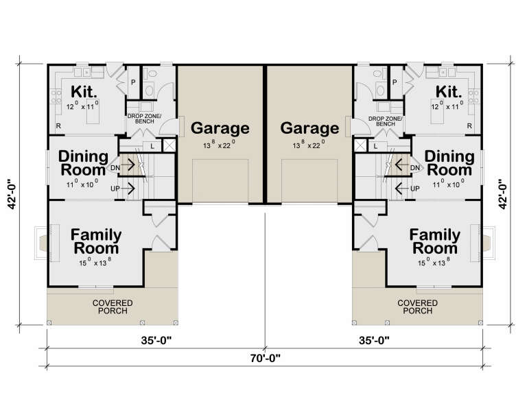 Main Floor: Duplex, 2 Kitchens, 2 Dining, 2 Family, 2 BA, 2 Garage, 2 Covered Porches, Drop Zones, Stairs, Unheated: Garage. House Plan # 402-01932 Main Floor  Floor Plan Drawing by America's Best House Plans, Inc.