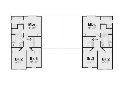 Second Floor: 6BR, 4BA, 2 Ldry rooms, 2 sets of stairs. Mirror-image layout with 2 Master suites and 4 additional bedrooms. House Plan # 402-01932 Second Floor Floor Plan Drawing by America's Best House Plans, Inc.