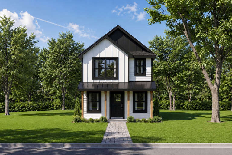 White Modern Farmhouse, Front Elevation, board-and-batten siding, black metal roof, wood posts, stone path, lush lawn. House Plan # 402-01933 Digital Rendering by America's Best House Plans, Inc.