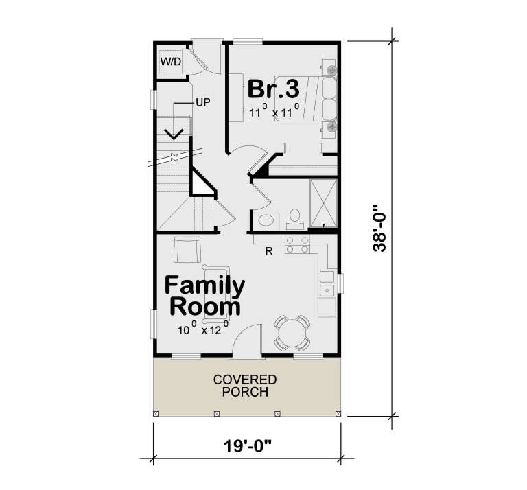 Main Floor: 1 BR, 1 BA, Family Room, Kitchen, Brkfst, Ldry, Stairs, Covered Porch. Unheated: Covered Porch area. House Plan # 402-01933 Main Floor  Floor Plan Drawing by America's Best House Plans, Inc.
