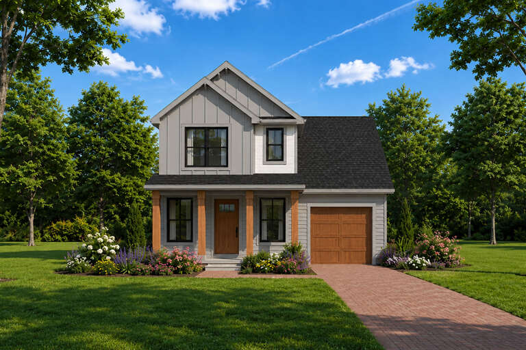 Grey Modern Farmhouse, Front Elevation, board-and-batten siding, wood porch posts, brick walkway, lush floral landscaping. House Plan # 402-01934 Digital Rendering by America's Best House Plans, Inc.