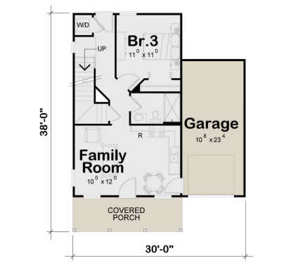 Main Floor: 1BR, 1BA, Family Room, Kitchen, Ldry, 1-car garage, stairs, covered porch. Unheated: garage, covered porch. House Plan # 402-01934 Main Floor  Floor Plan Drawing by America's Best House Plans, Inc.