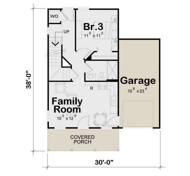 Main Floor: 1BR, 1BA, Family Room, Kitchen, Ldry, 1-car garage, stairs, covered porch. Unheated: garage, covered porch. House Plan # 402-01934 Main Floor  Floor Plan Drawing by America's Best House Plans, Inc.