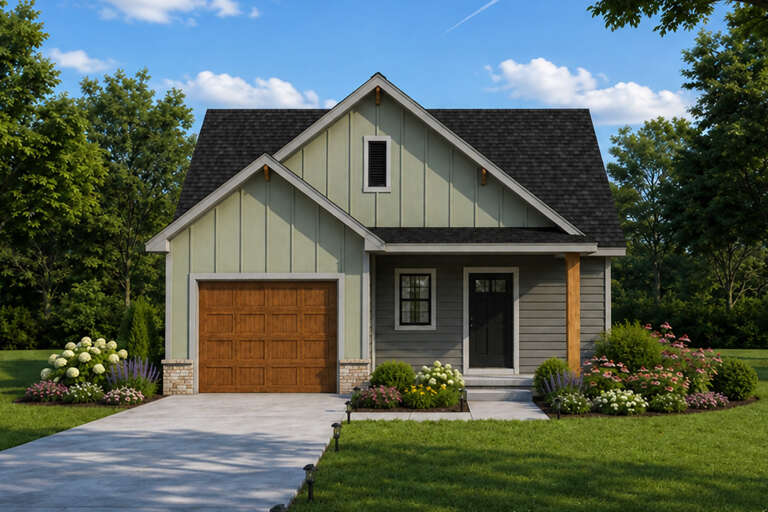 Sage Modern Farmhouse, Front Elevation, board-and-batten siding, stone accents, wood garage door, lush garden landscaping. House Plan # 402-01935 Digital Rendering by America's Best House Plans, Inc.