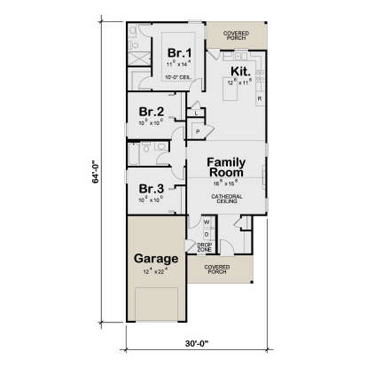 Main Floor: 3BR, 1BA, Kitchen, Cathedral Family Room, Ldry, Drop Zone, 1-car garage, 2 covered porches, 10' ceiling in BR1. House Plan # 402-01935 Main Floor  Floor Plan Drawing by America's Best House Plans, Inc.