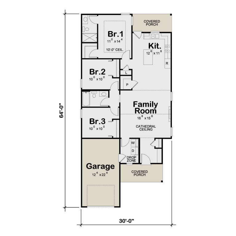 Main Floor: 3BR, 1BA, Kitchen, Cathedral Family Room, Ldry, Drop Zone, 1-car garage, 2 covered porches, 10' ceiling in BR1. House Plan # 402-01935 Main Floor  Floor Plan Drawing by America's Best House Plans, Inc.