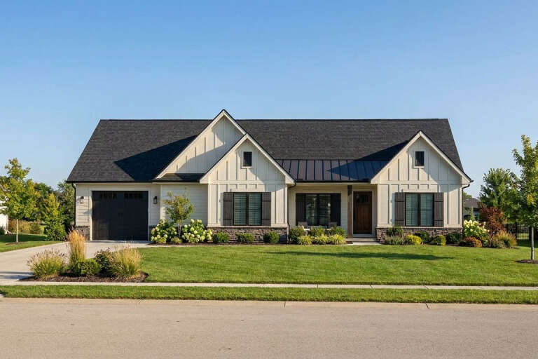 White Modern Farmhouse, Front Elevation, board-and-batten siding, stone base, dark shutters, metal roof, manicured lawn. House Plan # 402-01936 Digital Rendering by America's Best House Plans, Inc.