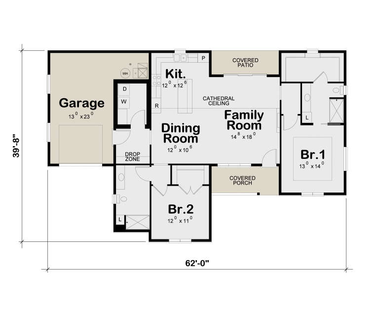 Main Floor: 2BR, 2BA, Kitchen, Dining, Cathedral Family Room, Ldry, Drop Zone, 1-car garage, Covered Patio, Covered Porch. House Plan # 402-01936 Main Floor  Floor Plan Drawing by America's Best House Plans, Inc.