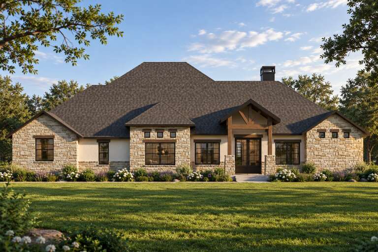 Beige Modern Transitional, Front Elevation, stone and stucco siding, timber porch, dark windows, and lush landscaping. House Plan # 3822-00044 Digital Rendering by America's Best House Plans, Inc.