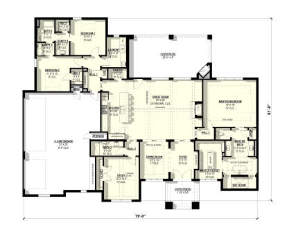 Main Floor: 3BR, 3BA, Study, Great Rm, Kitchen, Pantry, Ldry, 3-car garage, Cov'd Patio/Porch, 2 FPs, Tray/Vaulted ceilings. House Plan # 3822-00044 Main Floor  Floor Plan Drawing by America's Best House Plans, Inc.