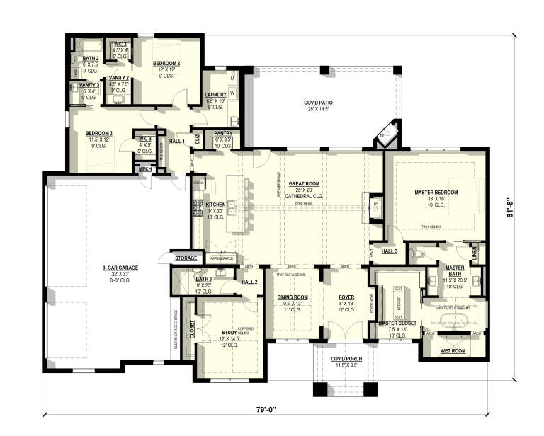 Main Floor: 3BR, 3BA, Study, Great Rm, Kitchen, Pantry, Ldry, 3-car garage, Cov'd Patio/Porch, 2 FPs, Tray/Vaulted ceilings. House Plan # 3822-00044 Main Floor  Floor Plan Drawing by America's Best House Plans, Inc.
