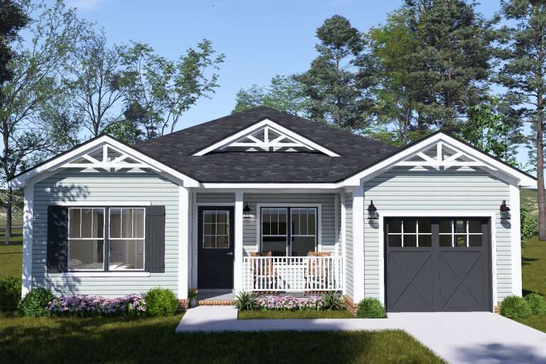 Light blue Craftsman, Front Elevation, horizontal siding, dark shutters, porch with railing, lanterns, and landscaping. House Plan # 4848-00640 Digital Rendering by America's Best House Plans, Inc.