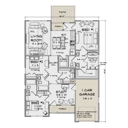 Main Floor: 3BR, 2BA, Vaulted Living, Kit, Study, Pantry, Ldry, 1-car garage, 2 porches, patio. Vaulted BR1, wet room. House Plan # 4848-00640 Main Floor  Floor Plan Drawing by America's Best House Plans, Inc.