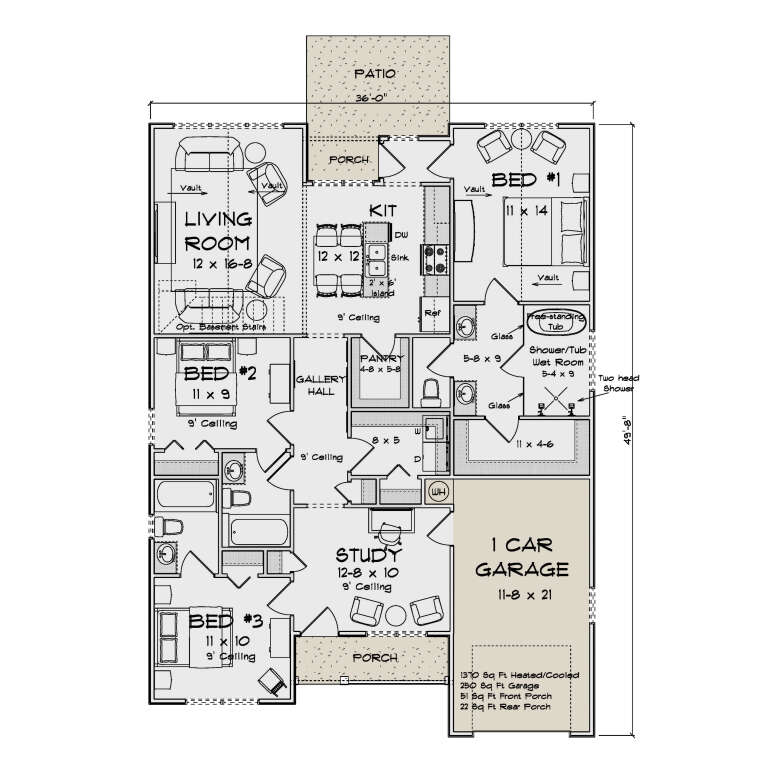 Main Floor: 3BR, 2BA, Vaulted Living, Kit, Study, Pantry, Ldry, 1-car garage, 2 porches, patio. Vaulted BR1, wet room. House Plan # 4848-00640 Main Floor  Floor Plan Drawing by America's Best House Plans, Inc.