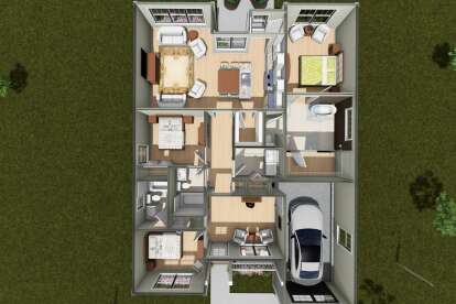 Overhead Main Floor: 3BR, 2BA, Living, Dining, Kitchen, Office, Ldry, 1-car garage, Porch, Patio. WIC in Master. House Plan # 4848-00640 Overhead Main Floor Floor Plan Drawing by America's Best House Plans, Inc.