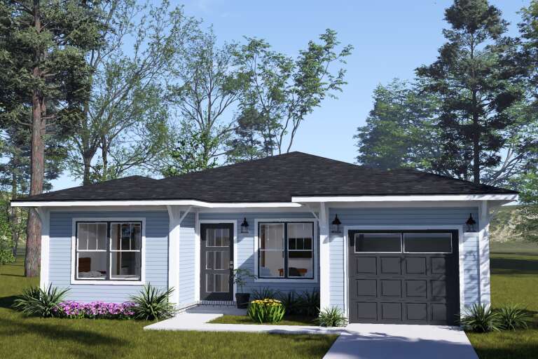 Blue Cottage, Front Elevation with lap siding, dark garage door, lantern sconces, white trim, and landscaped lawn. House Plan # 4848-00641 Digital Rendering by America's Best House Plans, Inc.