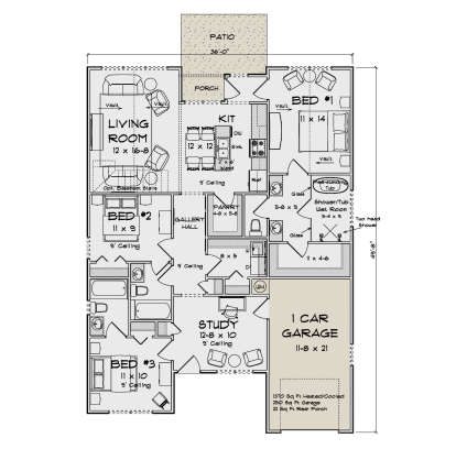Main Floor: 3BR, 2BA, Living, Kitchen, Pantry, Study, Ldry, 1-car garage, Patio, Porch, Stairs. Vaulted ceilings in LR/BR1. House Plan # 4848-00641 Main Floor  Floor Plan Drawing by America's Best House Plans, Inc.