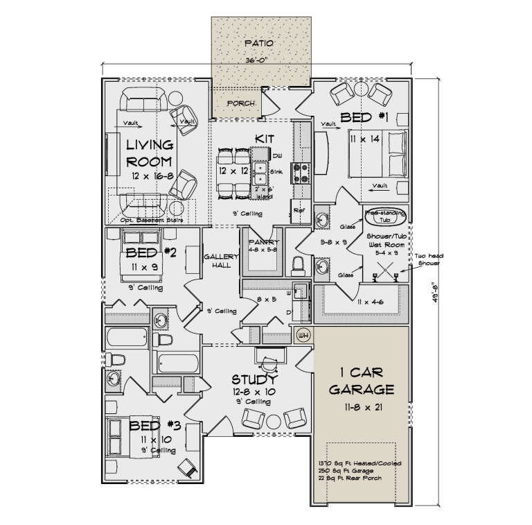 Main Floor: 3BR, 2BA, Living, Kitchen, Pantry, Study, Ldry, 1-car garage, Patio, Porch, Stairs. Vaulted ceilings in LR/BR1. House Plan # 4848-00641 Main Floor  Floor Plan Drawing by America's Best House Plans, Inc.