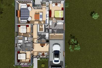 Overhead Main Floor: 3BR, 2BA, Kitchen, Dining, Living, Office, Ldry, 1-car garage, WIC, Porch. Unheated: garage/porch areas. House Plan # 4848-00641 Overhead Main Floor Floor Plan Drawing by America's Best House Plans, Inc.