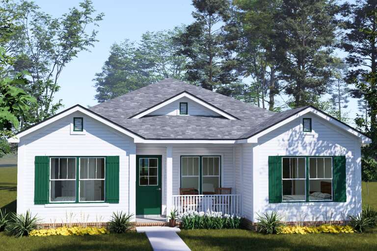 White Cottage, Front Elevation with green shutters, horizontal siding, porch railing, and foundation landscaping. House Plan # 4848-00642 Digital Rendering by America's Best House Plans, Inc.