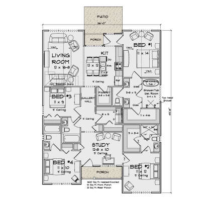 Main Floor: 4BR, 3BA, Living, Kitchen, Study, Pantry, Ldry, 2 Porches, Patio. Vaulted Living/Bed 1, 9' ceilings. House Plan # 4848-00642 Main Floor  Floor Plan Drawing by America's Best House Plans, Inc.