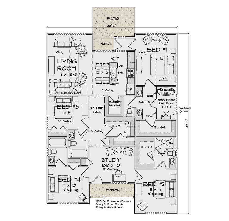 Main Floor: 4BR, 3BA, Living, Kitchen, Study, Pantry, Ldry, 2 Porches, Patio. Vaulted Living/Bed 1, 9' ceilings. House Plan # 4848-00642 Main Floor  Floor Plan Drawing by America's Best House Plans, Inc.