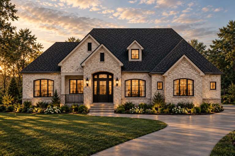 Beige French Country, Front Elevation at sunset, brick siding, arched windows, black fixtures, and lush landscaping. House Plan # 6102-00011 Digital Rendering by America's Best House Plans, Inc.