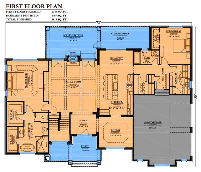 Main Floor: 2BR, 2BA, Foyer, Dining, Kitchen, Brkfst, Family, Pantry, Mud, Ldry, 2-car garage, 2 decks, porch, fireplace. House Plan # 6102-00011 Main Floor  Floor Plan Drawing by America's Best House Plans, Inc.