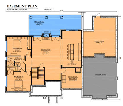 Basement: 2BR, 1BA, Rec room, Bar, Mechanical/Storage, WIC, stairs, fireplace, patio. Unheated: Crawl space, garage slab. House Plan # 6102-00011 Basement Floor Plan Drawing by America's Best House Plans, Inc.