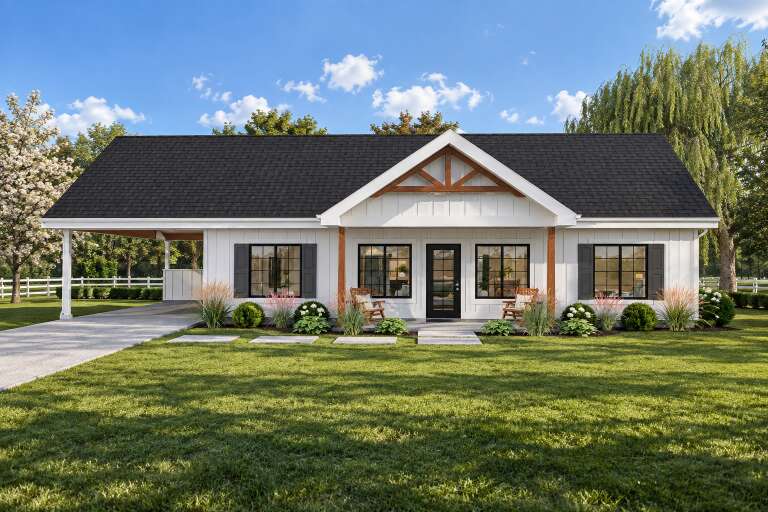 White Modern Farmhouse, Front Elevation with board-and-batten siding, timber gable, carport, and lush landscaping. House Plan # 2699-00066 Digital Rendering by America's Best House Plans, Inc.