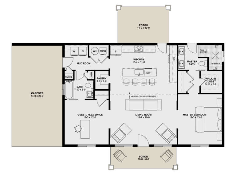 1BR, 2BA, Living, Kitchen, Guest/Flex, Mud, Pantry, WIC, Carport, 2 Porches. Vaulted ceiling. Unheated: Carport/Porches. House Plan # 2699-00066 Floor Plan Drawing by America's Best House Plans, Inc.