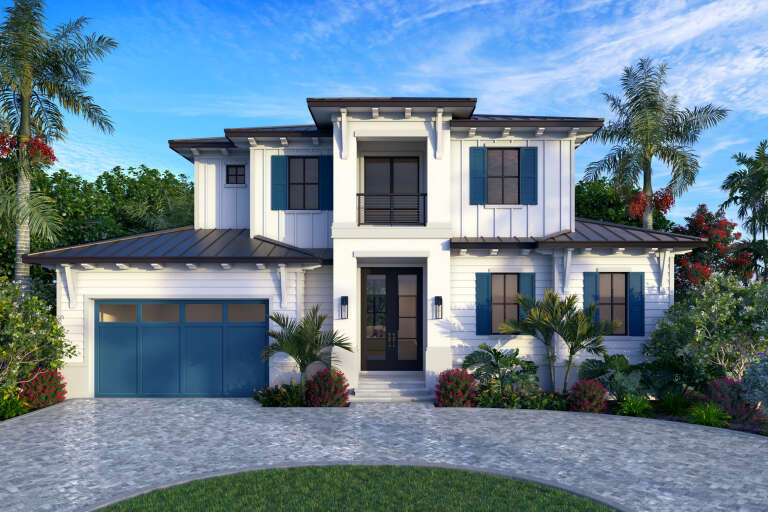 White Coastal, Front Elevation with blue shutters, metal roof, board-and-batten siding, stone driveway, lush landscaping. House Plan # 207-00164 Digital Rendering by America's Best House Plans, Inc.