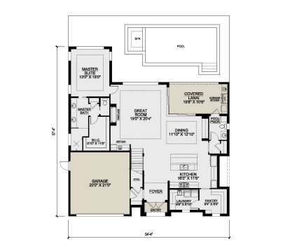 Main Floor: 1BR, 1.5BA, Great Room, Kitchen, Dining, Ldry, Pantry, WIC, Wet Bar, 1-car garage, Covered Lanai, Pool/Spa. House Plan # 207-00164 Main Floor  Floor Plan Drawing by America's Best House Plans, Inc.