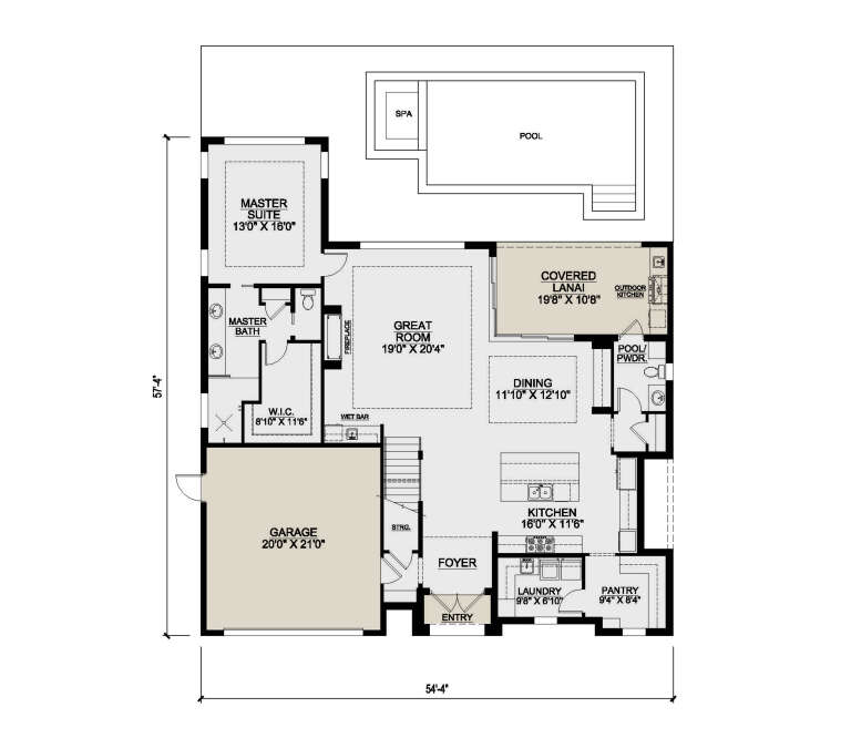Main Floor: 1BR, 1.5BA, Great Room, Kitchen, Dining, Ldry, Pantry, WIC, Wet Bar, 1-car garage, Covered Lanai, Pool/Spa. House Plan # 207-00164 Main Floor  Floor Plan Drawing by America's Best House Plans, Inc.