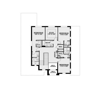Second Floor: 3 BR, Study, 3 BA, 3 WIC, Morning Bar, Mech room, stairs, open to foyer/entry below. House Plan # 207-00164 Second Floor Floor Plan Drawing by America's Best House Plans, Inc.