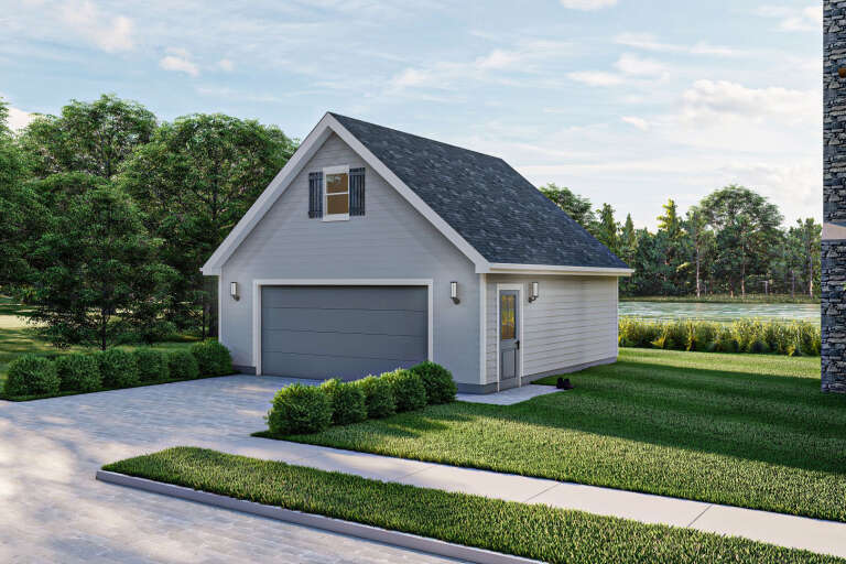 Grey Traditional, Angled Front Elevation, lap siding, wall sconces, gable roof, shutters, paved driveway, green lawn. House Plan # 963-01338 Digital Rendering by America's Best House Plans, Inc.