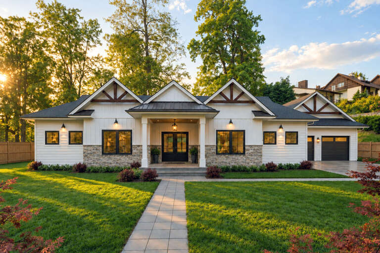 White Craftsman, Front Elevation with stone base, board-and-batten siding, black accents, lit porch, and paved walkway. House Plan # 5984-00075 Digital Rendering by America's Best House Plans, Inc.