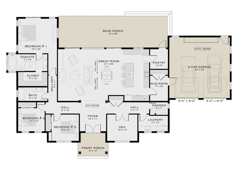 Main Floor: 3BR, 2.5BA, Great Rm (vaulted), Den, Kitchen/Pantry, Ldry, Mud Rm, 2-car garage, Front/Rear Porch, WIC. House Plan # 5984-00075 Main Floor  Floor Plan Drawing by America's Best House Plans, Inc.