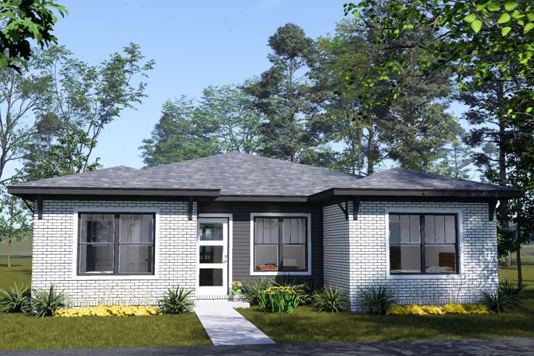 White and charcoal, Front Elevation, brick and horizontal siding, dark trim, hip roof, concrete path, lush landscaping. House Plan # 4848-00643 Digital Rendering by America's Best House Plans, Inc.