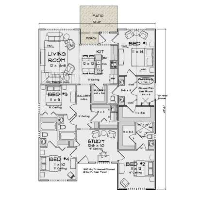 Main Floor: 4BR, 3BA, Living, Kitchen, Study, Pantry, Ldry. Vaulted Living/Bed 1, 9' ceilings, Porch, Patio, 1620 sq ft. House Plan # 4848-00643 Main Floor  Floor Plan Drawing by America's Best House Plans, Inc.