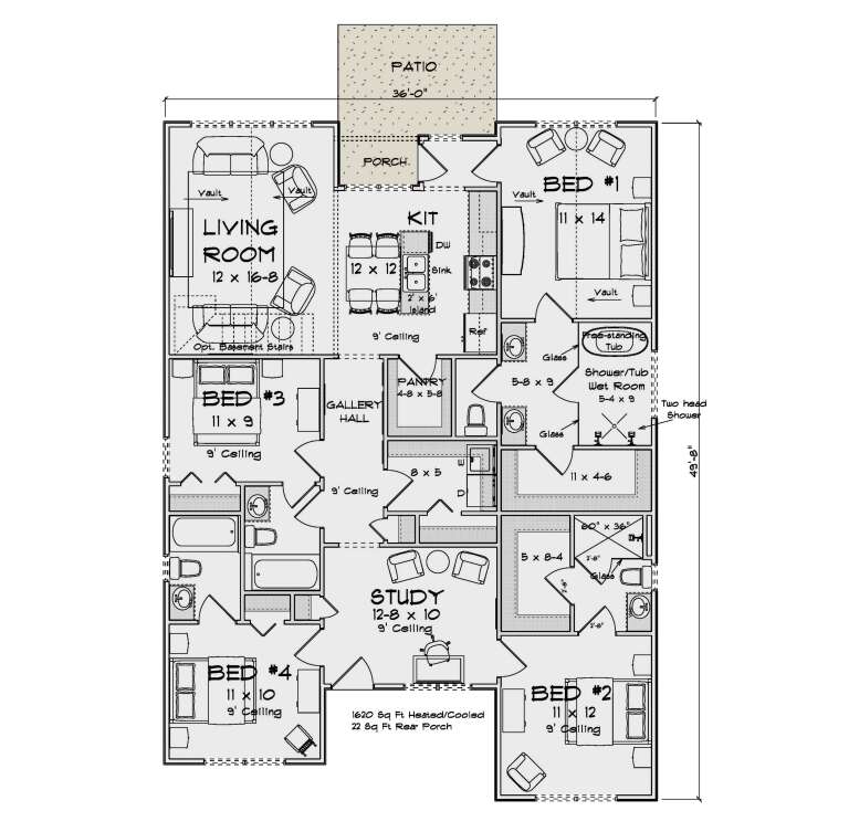 Main Floor: 4BR, 3BA, Living, Kitchen, Study, Pantry, Ldry. Vaulted Living/Bed 1, 9' ceilings, Porch, Patio, 1620 sq ft. House Plan # 4848-00643 Main Floor  Floor Plan Drawing by America's Best House Plans, Inc.