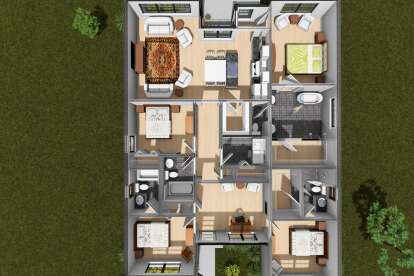 Overhead Main Floor: 4BR, 3BA, Kitchen, Dining, Living, Office, Ldry, WICs, covered porch. Unheated: porch area. House Plan # 4848-00643 Overhead Main Floor Floor Plan Drawing by America's Best House Plans, Inc.